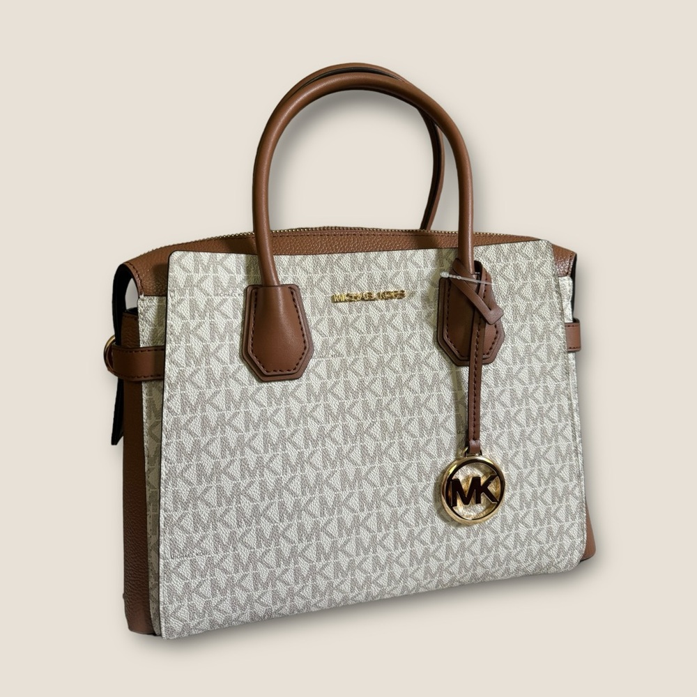 Michael Kors Medium Vanilla Mercer Satchel with Monogram Pattern